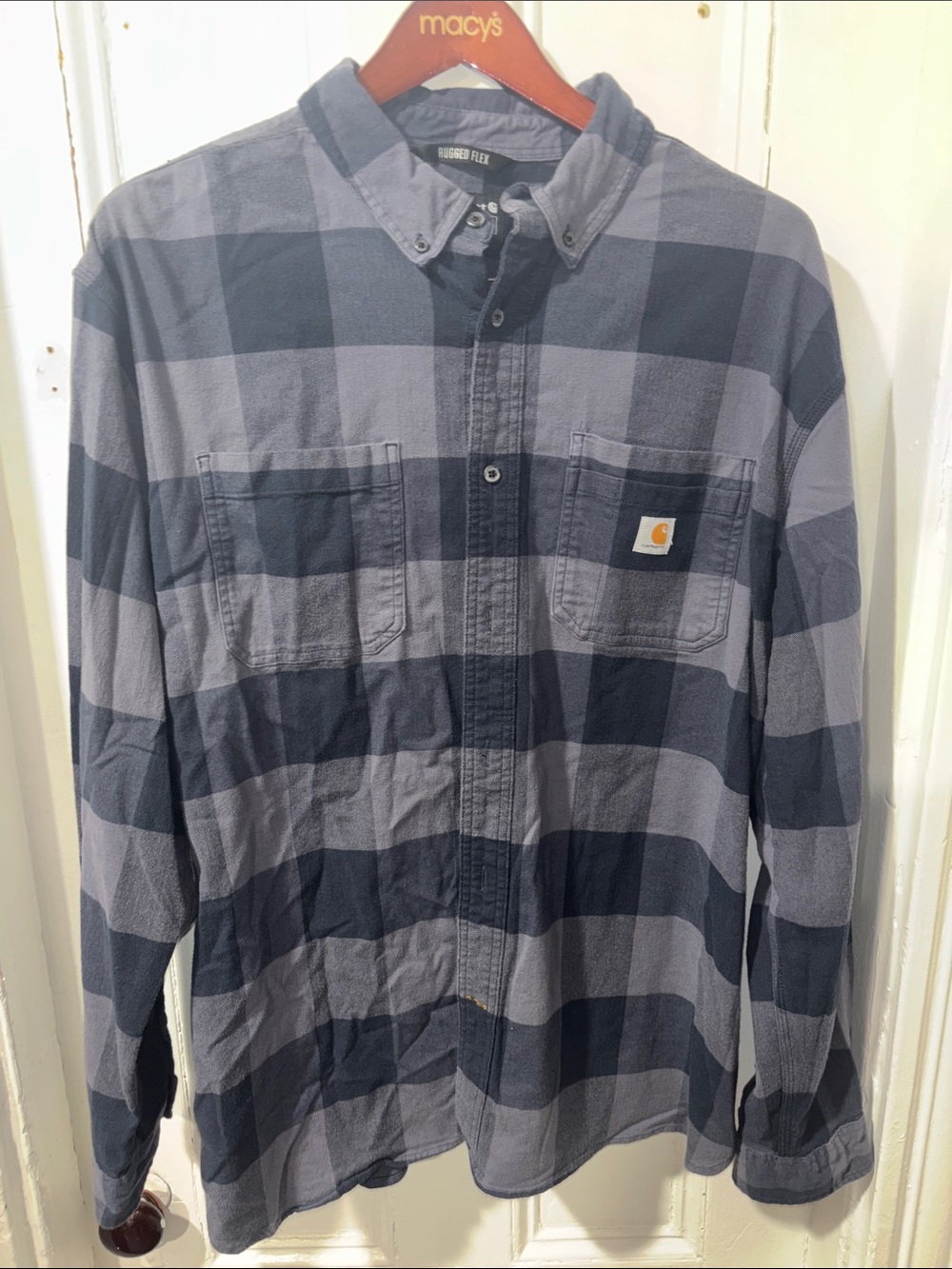 Carhartt Menโs Gray and Charcoal Plaid Button-Down Shirt